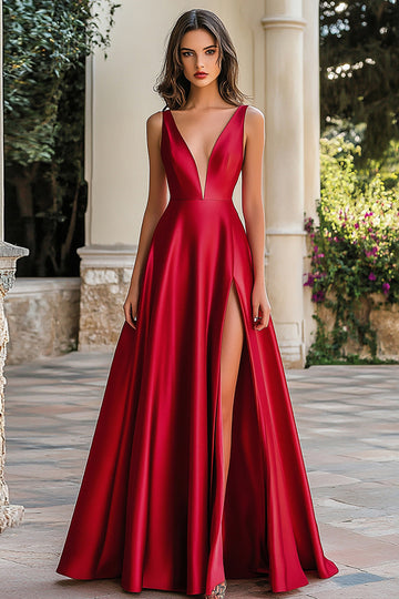 A Line Red V Neck Satin Plus Long Prom Dress with Slit